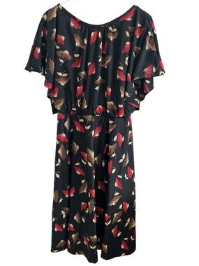 Black Flutter Sleeve Dress with Red & Brown Feather Print
